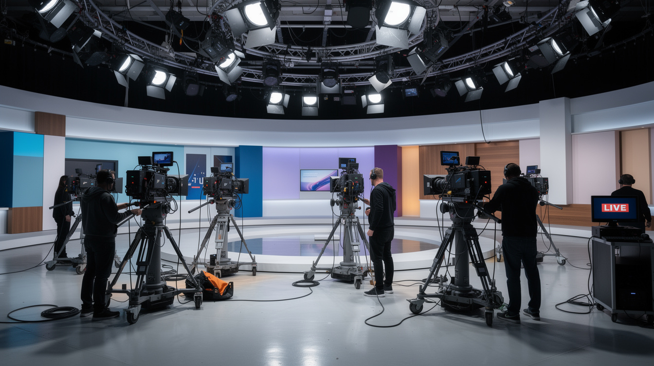 Plateau de télévision équipé de caméras et de projecteurs suspendus
