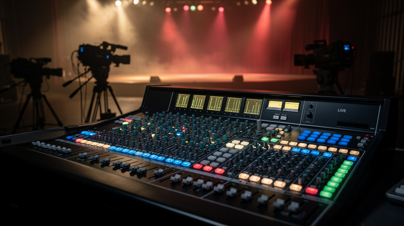 Console d'éclairage et projecteurs colorés sur un plateau de spectacle