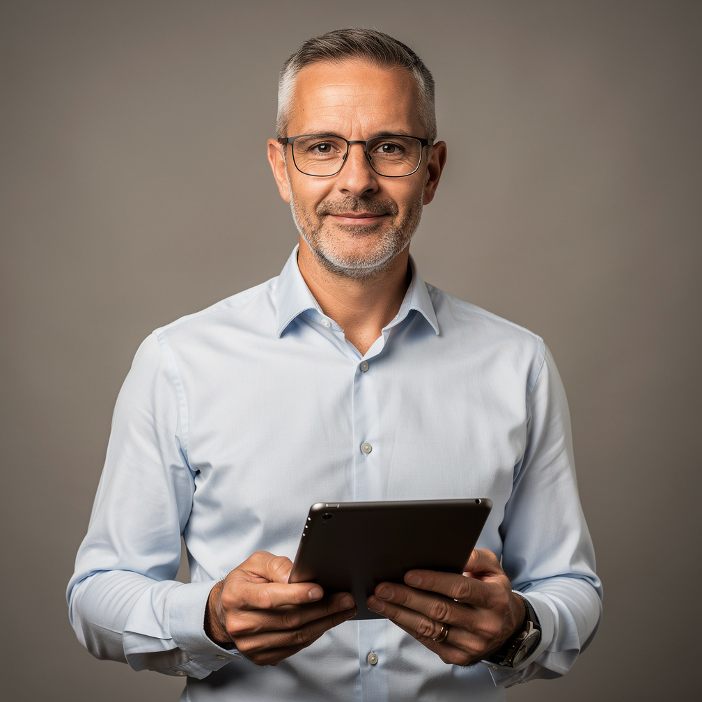 Portrait studio d'un coordinateur de flux de production tenant une tablette