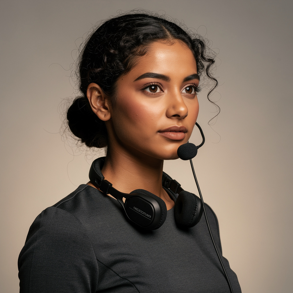 Portrait studio d'une régisseuse de plateau avec un casque autour du cou