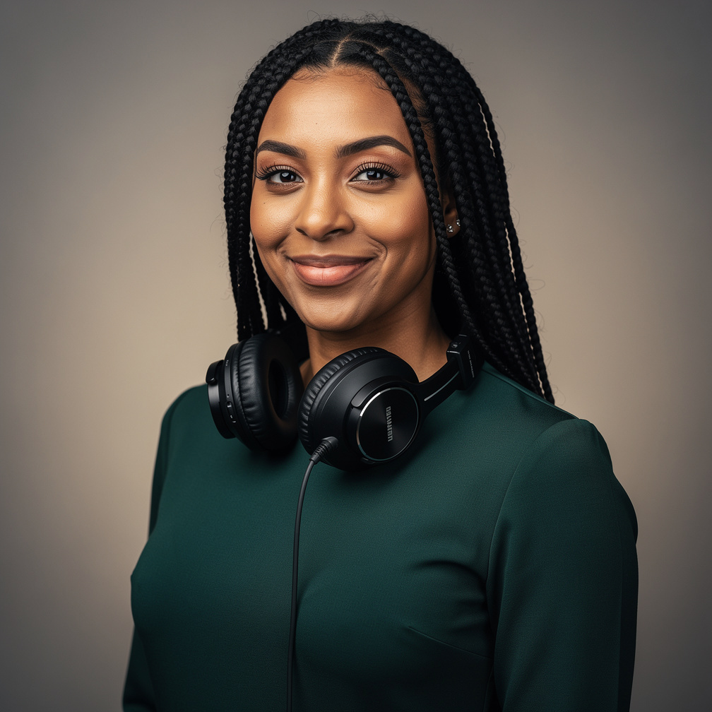 Portrait studio d'une ingénieure du son avec des écouteurs autour du cou