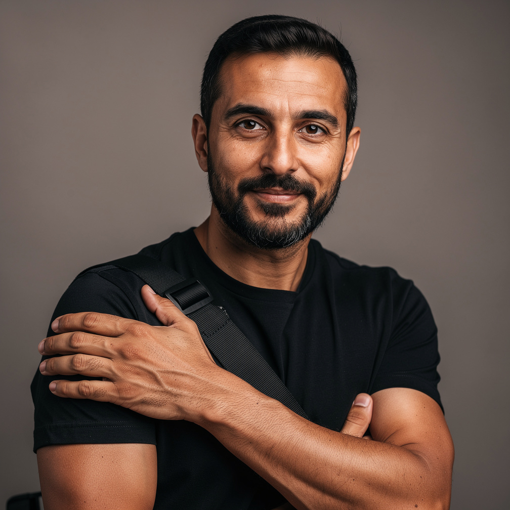 Portrait studio d'un cadreur avec une caméra sur l'épaule