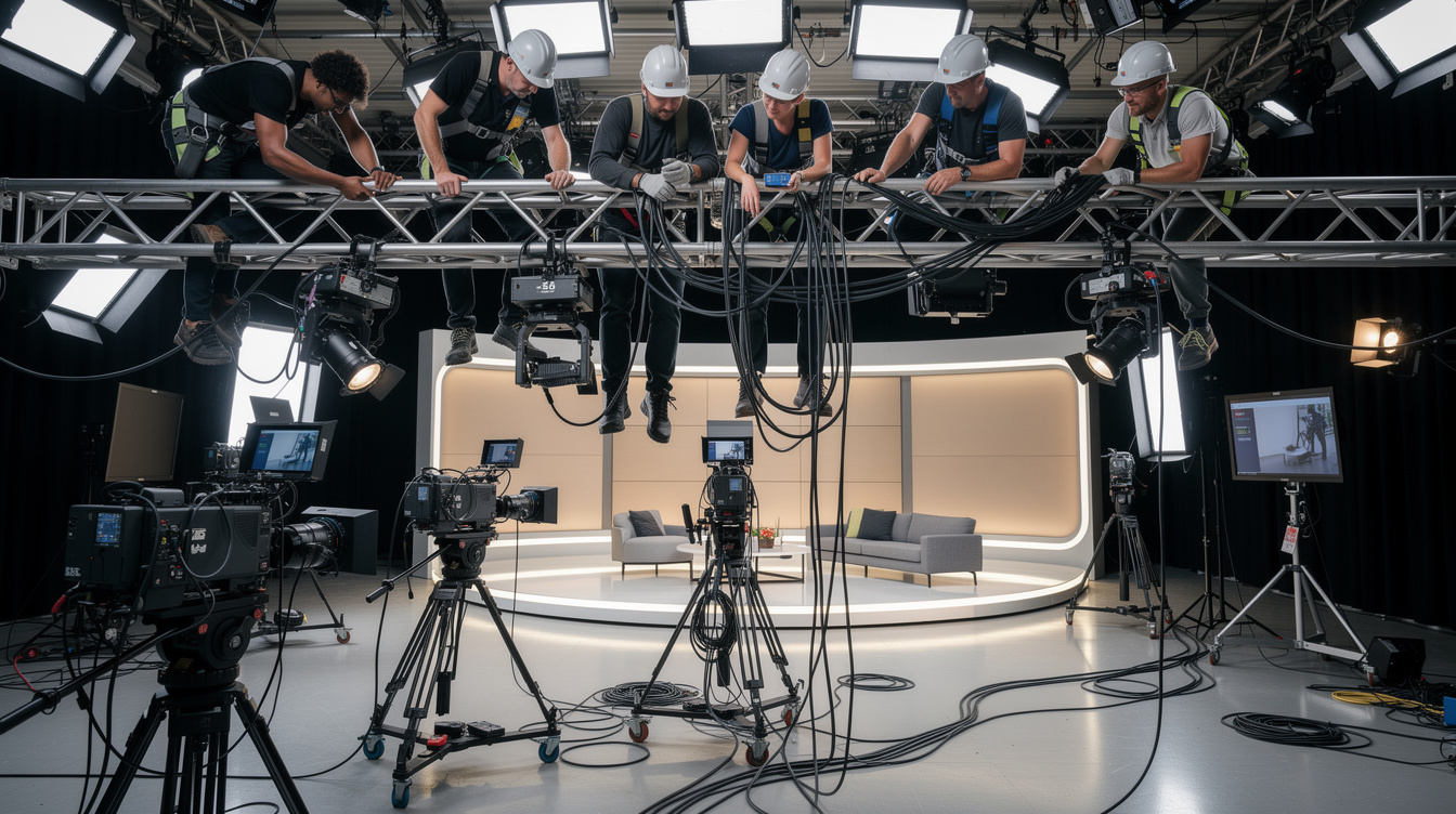 Équipe technique installant l'éclairage sur un plateau de tournage