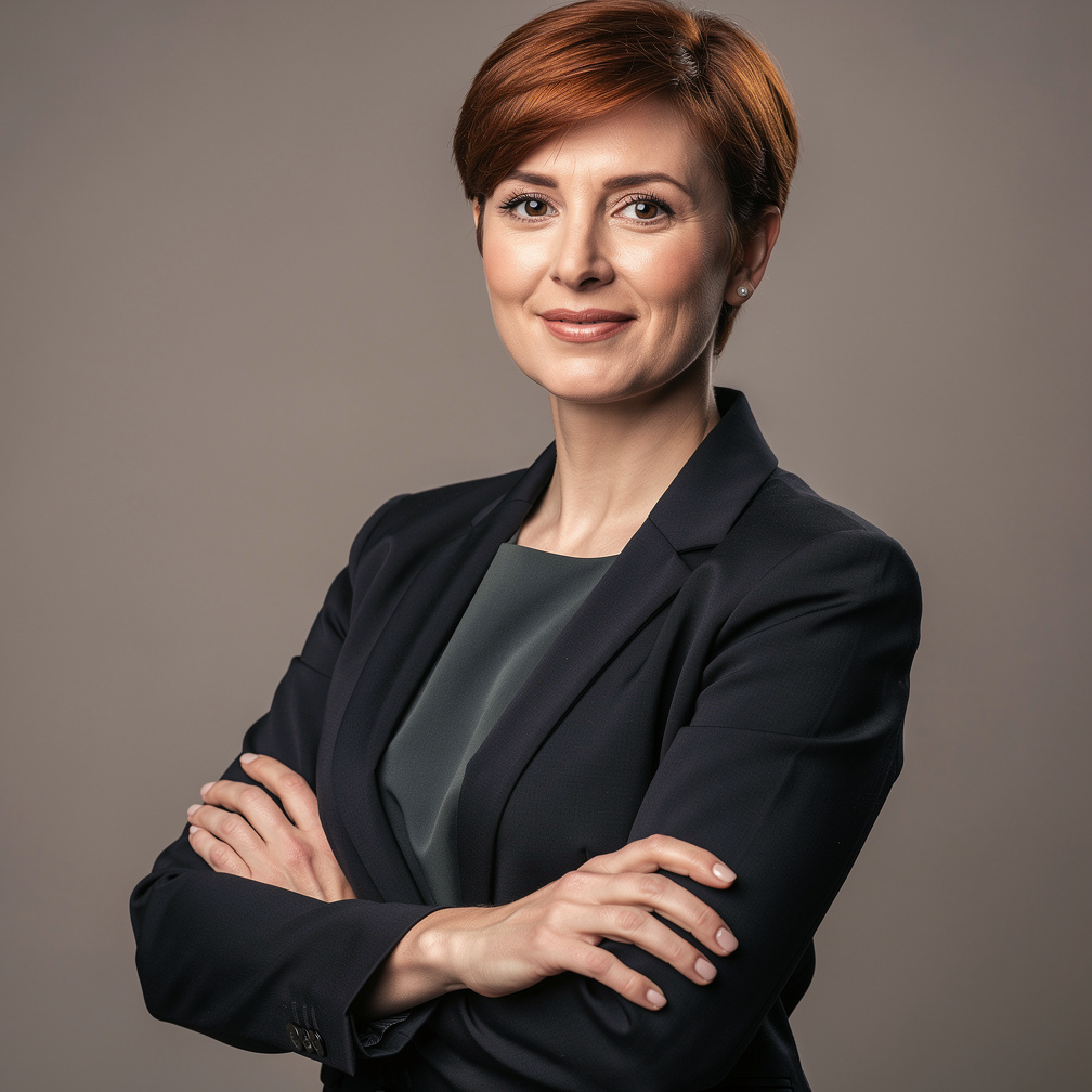 Portrait studio d'une femme créatrice lumière souriante